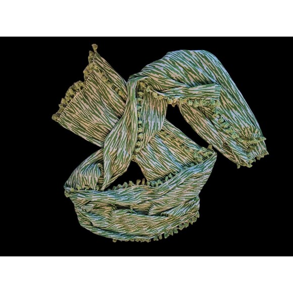 Roberta Roller Rabbit Pom Pom Trim Scarf Green and White 74 x 19 Cotton - Picture 2 of 9